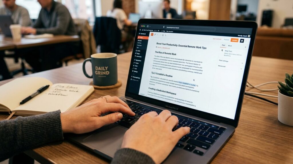 Close-up of hands typing on keyboard with laptop screen disp