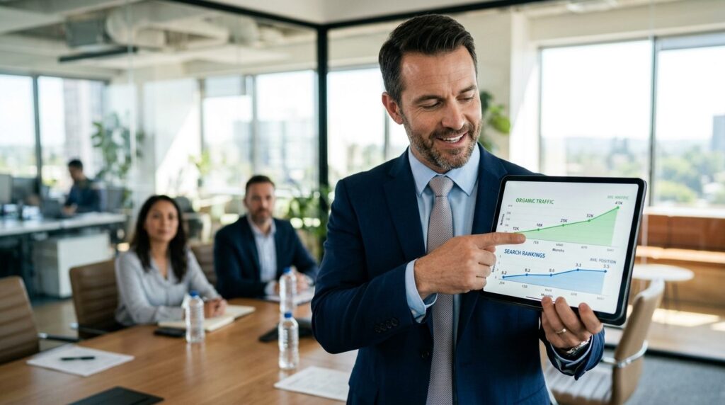 Business professional pointing at upward trending growth cha