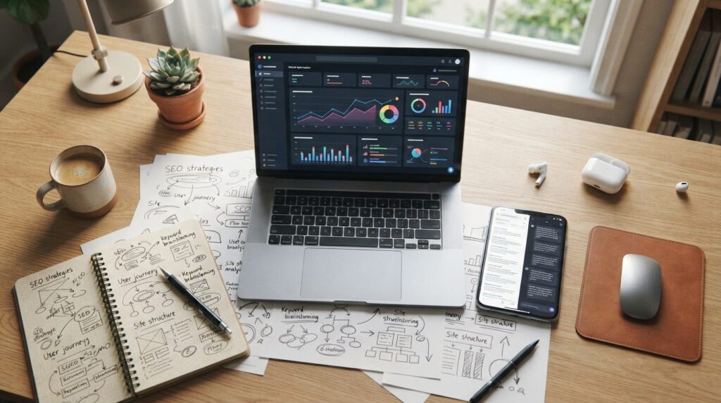 Photorealistic overhead shot of a designers workspace with 
