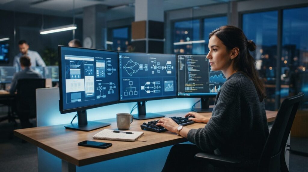 Professional photorealistic image of a female digital market