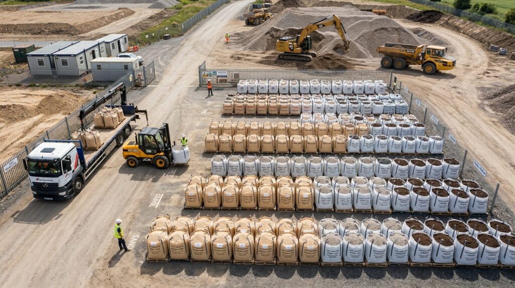 Overhead view of construction or landscaping site with multi