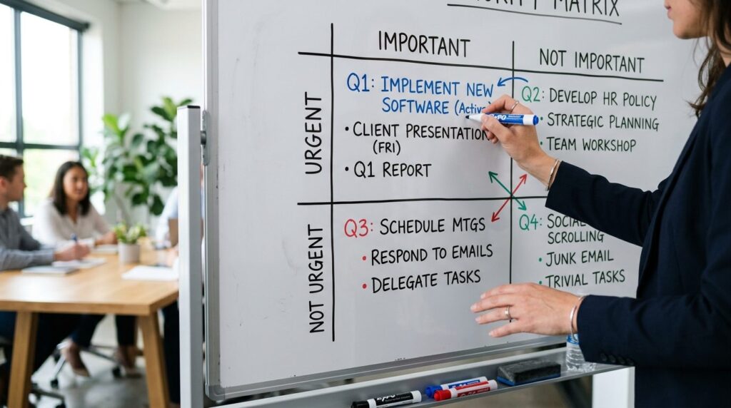 Close-up of hands writing on priority matrix or decision fra