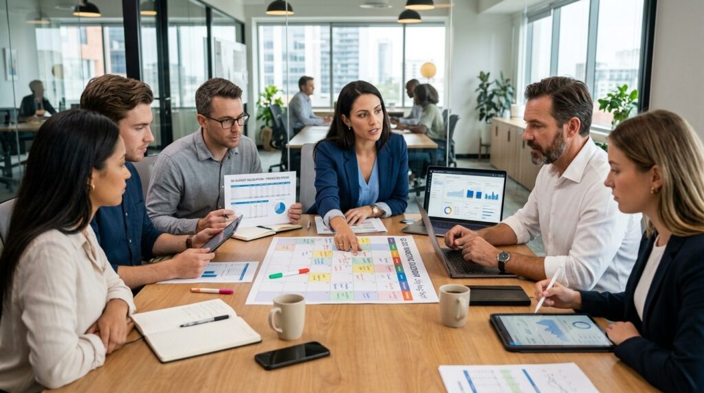 Business team in modern office having focused meeting around