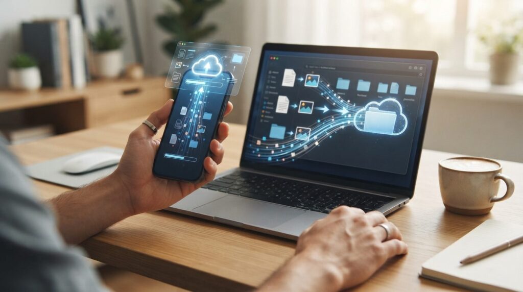Close-up of hands holding smartphone and laptop showing sync