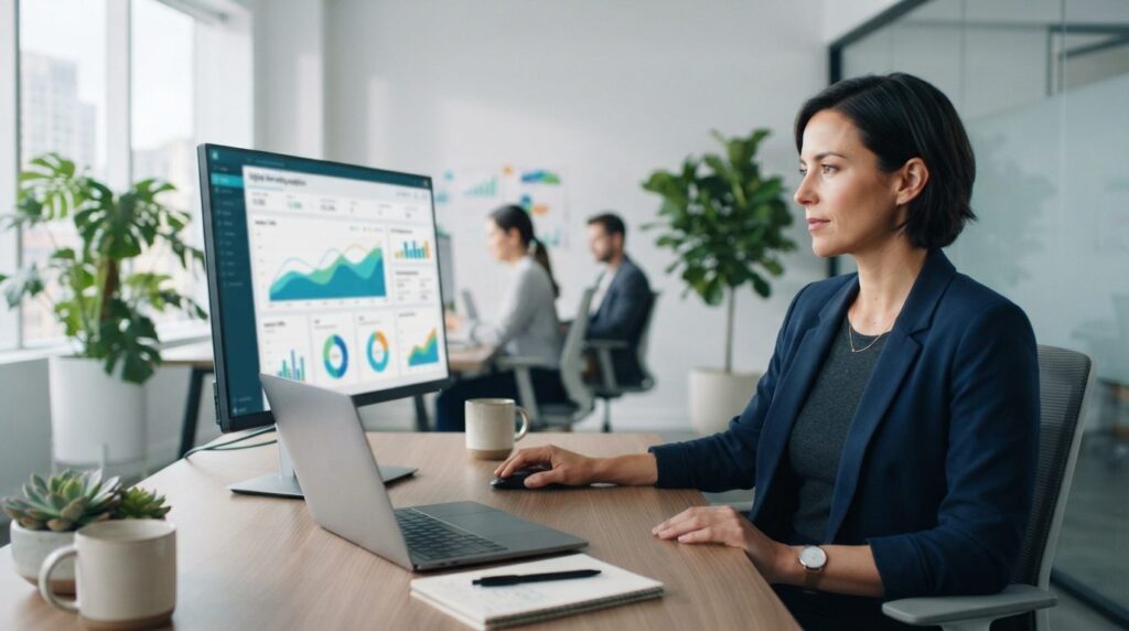 Business owner reviewing website analytics on computer scree
