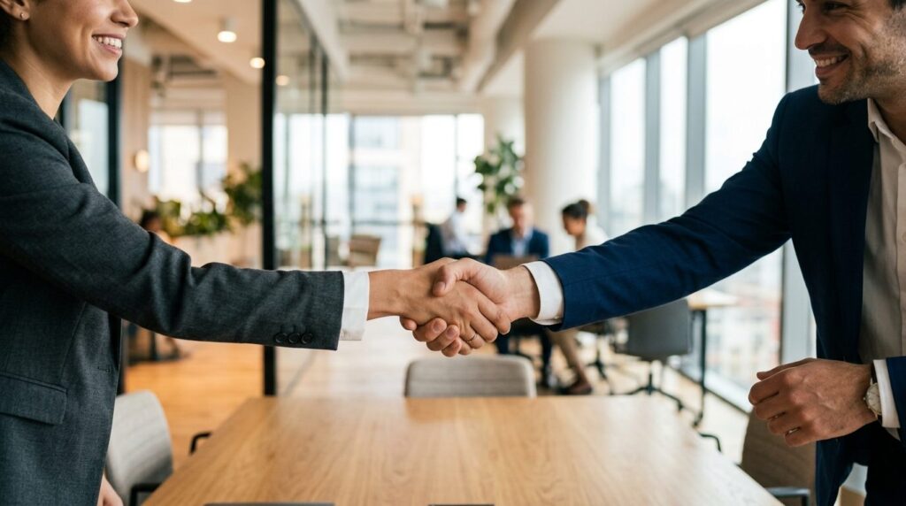 Close-up of handshake between business professionals in mode