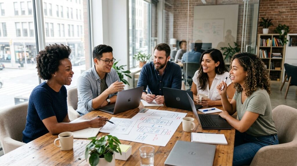 Diverse team of web designers and strategists gathered aroun