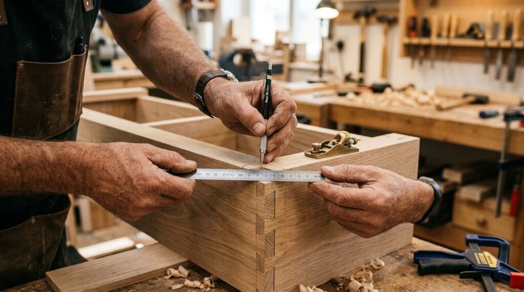 Close-up professional photograph of a craftsmans hands meas