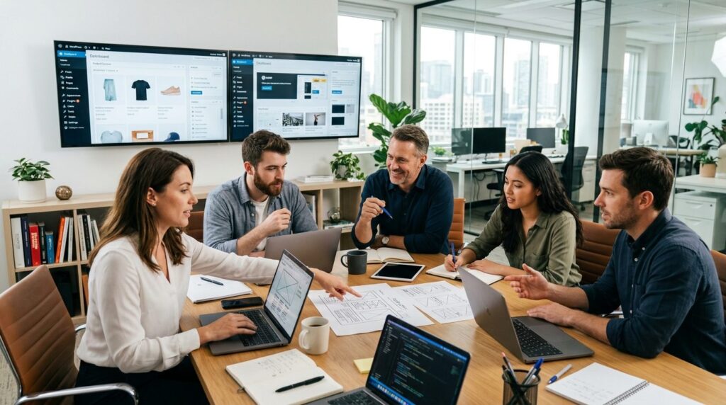 Team of web designers and digital marketers collaborating in