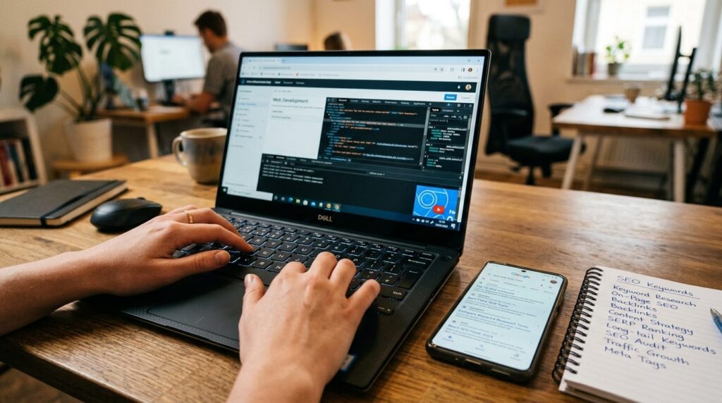 Close-up photograph of hands typing on a laptop keyboard wit