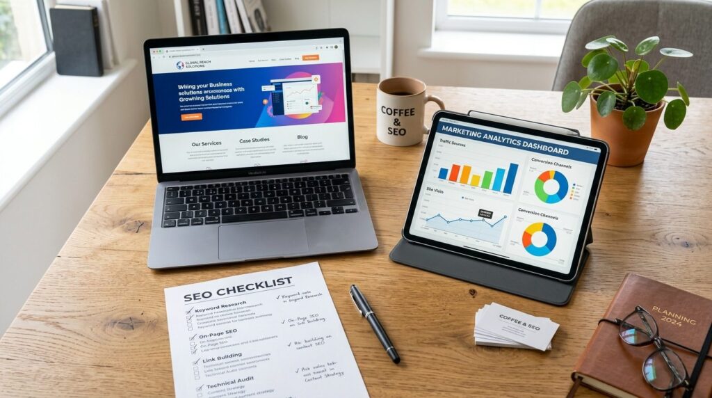 Overhead view of a small business workspace with laptop show