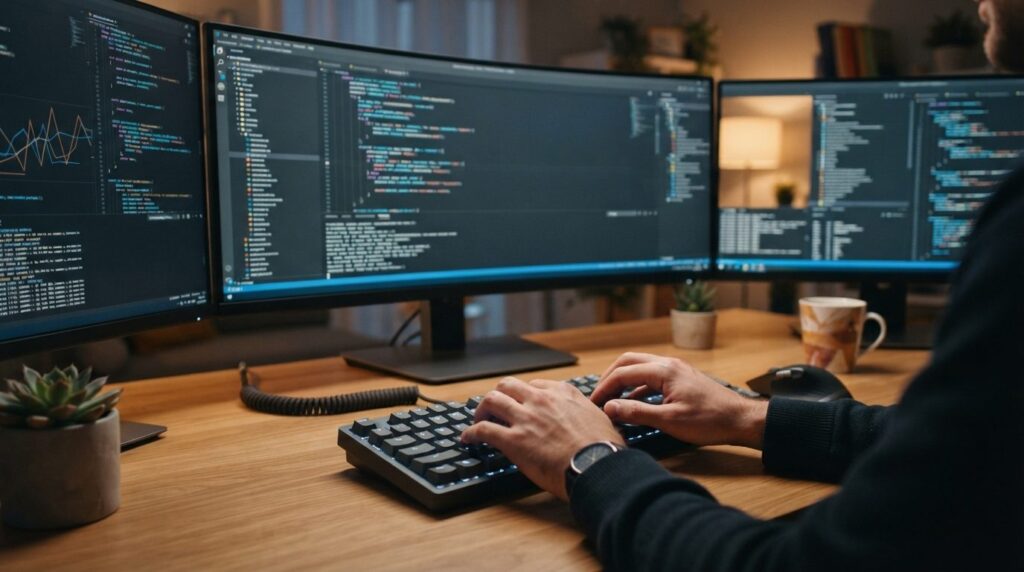 Close-up of programmer hands typing on keyboard with multipl