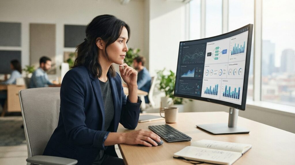 Business woman reviewing dashboard analytics and metrics on 