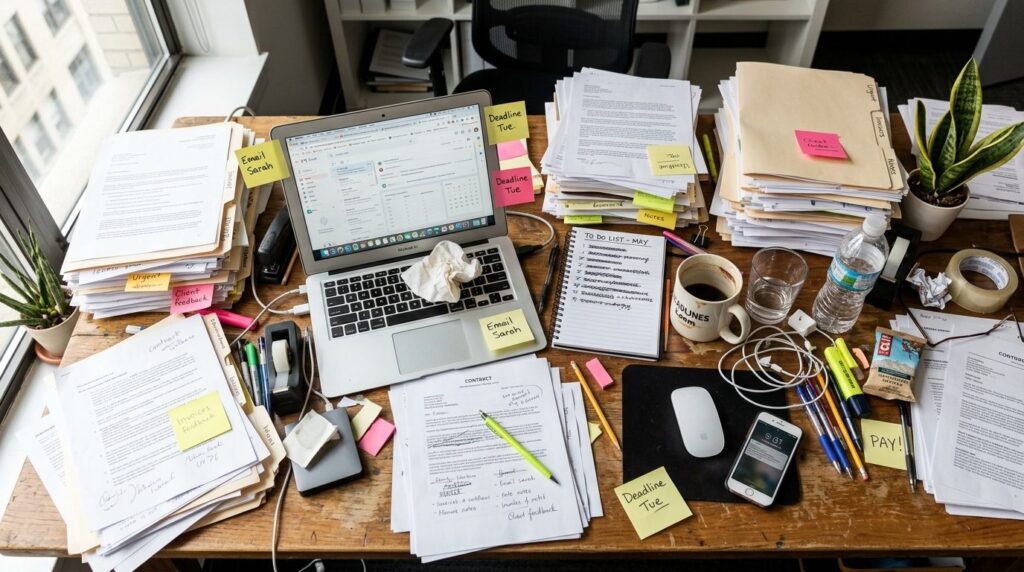 Close-up overhead view of a busy freelancers messy desk wit