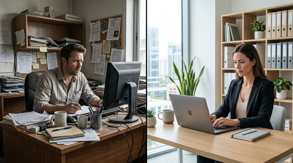 Split-screen comparison: left side shows a chaotic dusty off
